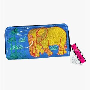 Pink Pvssy Thailand Embroidered Elephant Wallet - Boho Zipper Clutch Blue Yellow